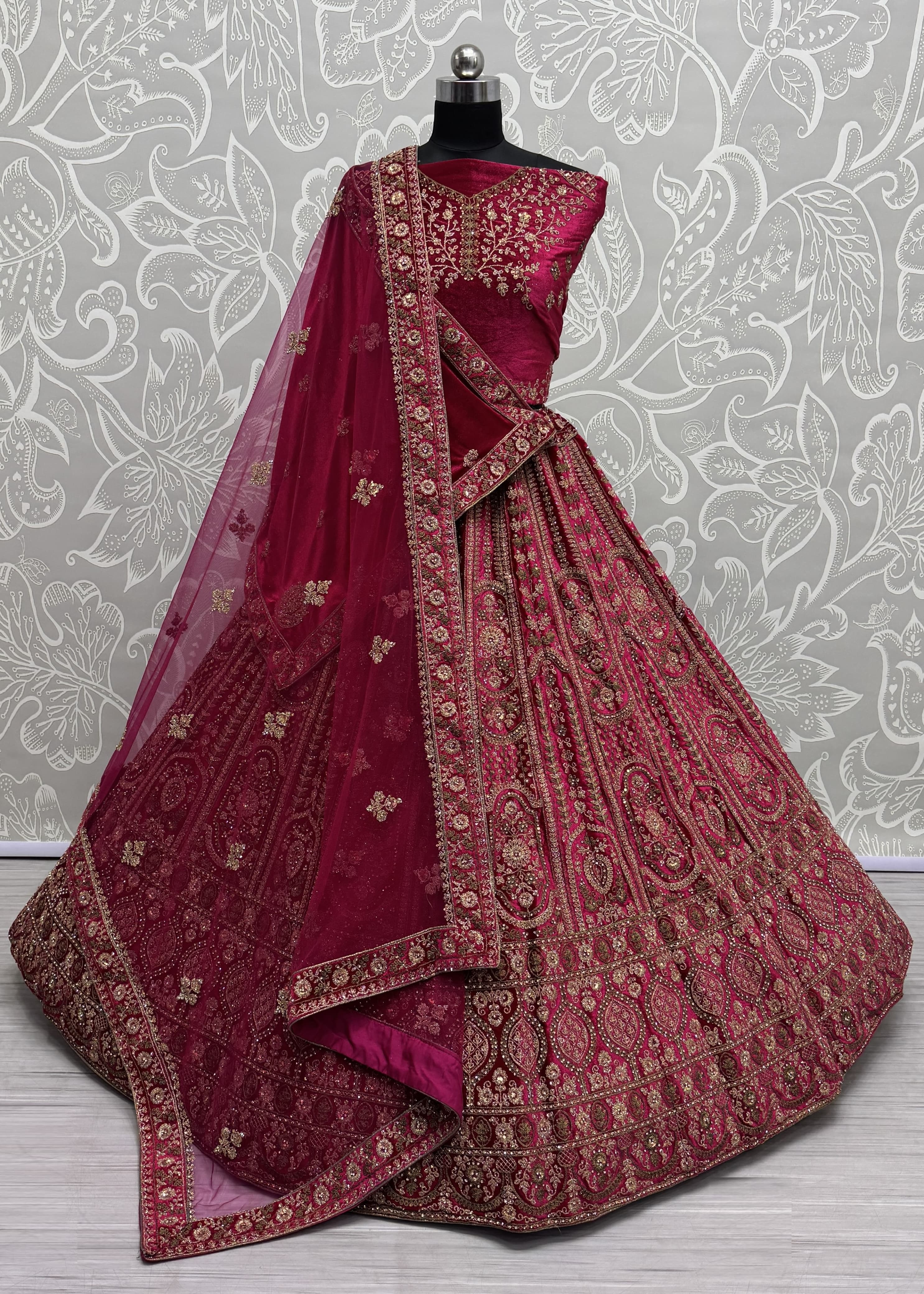 Double dupatta combine Velvet Red Lehenga choli in Dori work
